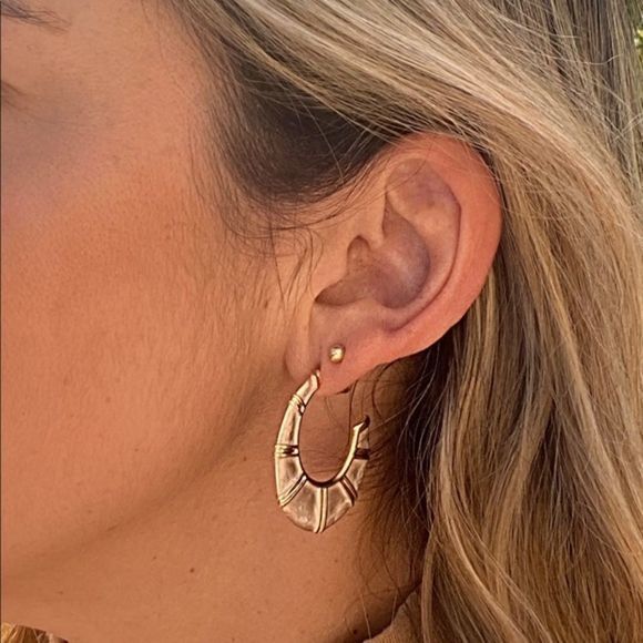 Gold Filled Mother of Pearl Statement Hoops - Picture 3 of 10